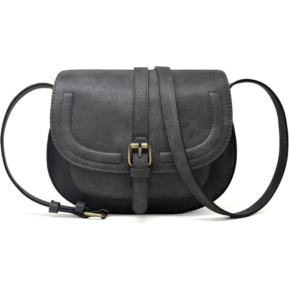 Women Dark Grey Imported Vegan Leather Small Saddle Purse Cross Body Handbags